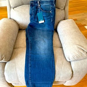 Straight leg jeans, mid rise stretchy waist